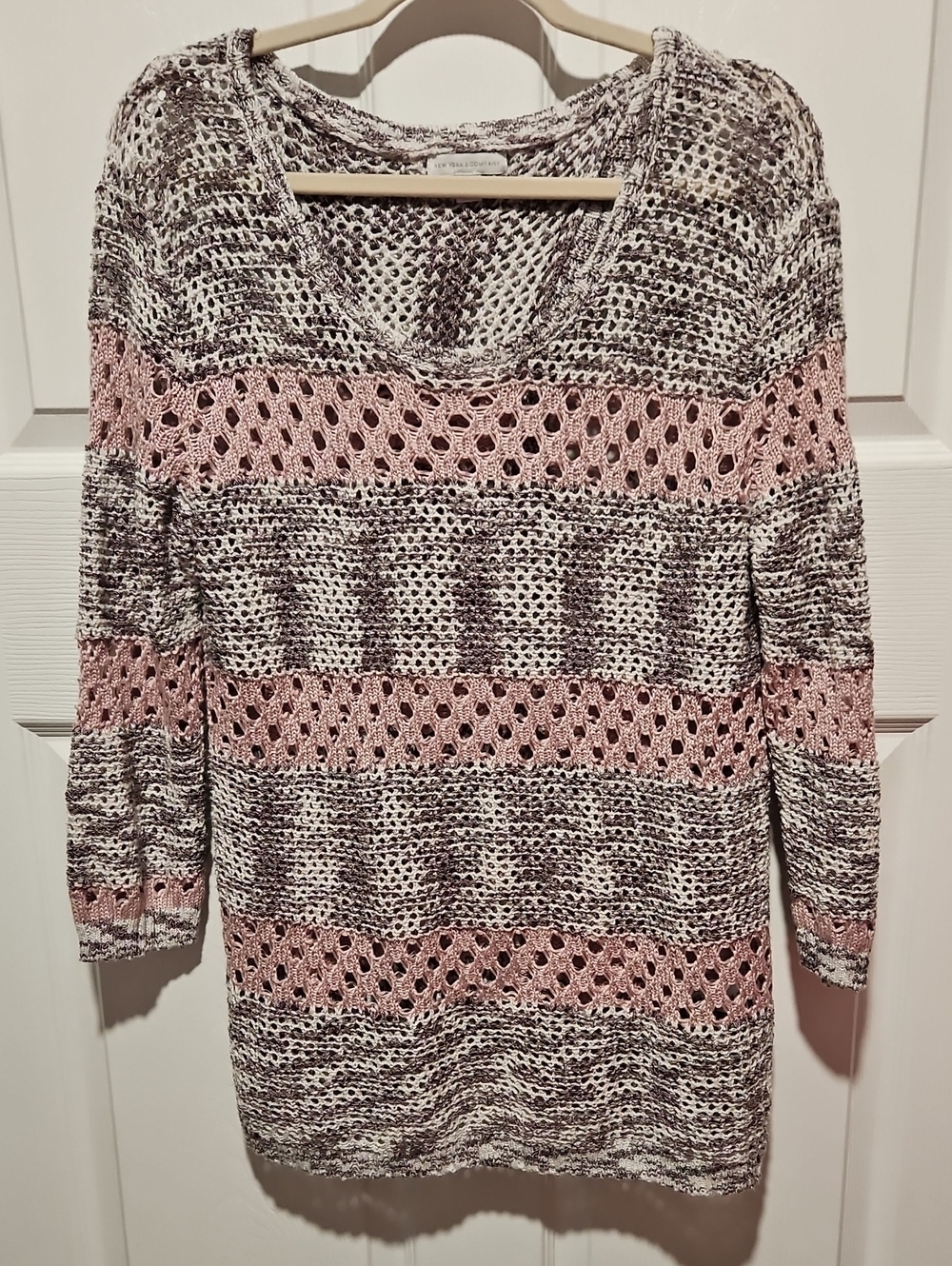 New York & Company Cream and Dusty Rose Open Knit Sweater
